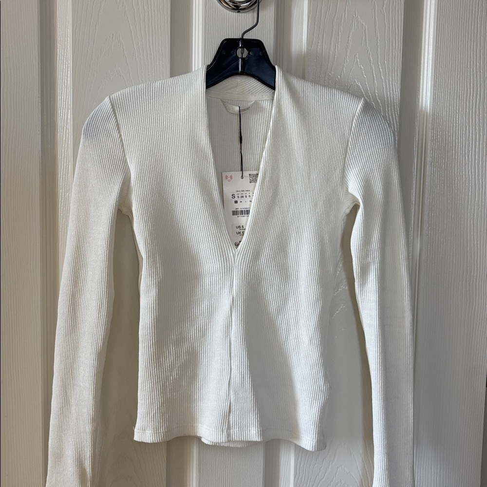 Zara Off-White Ribbed Deep V Long Sleeve Top - Picture 9 of 9